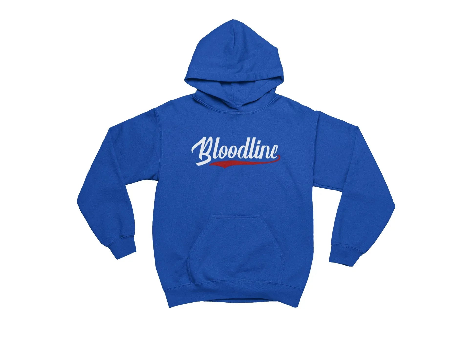 True blue hoodie with 'Bloodline' text on a white background